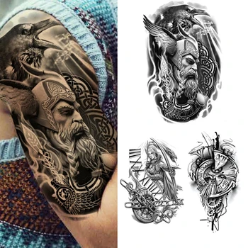 Ūdensnecaurlaidīgus Pagaidu Tetovējumu Uzlīmes Karavīrs Galvaskausa Vilks Flash Ziedu, Spalvu Tatto Sieviete Black Body Art Viltus Piedurknēm Tetovējums Vīrietis